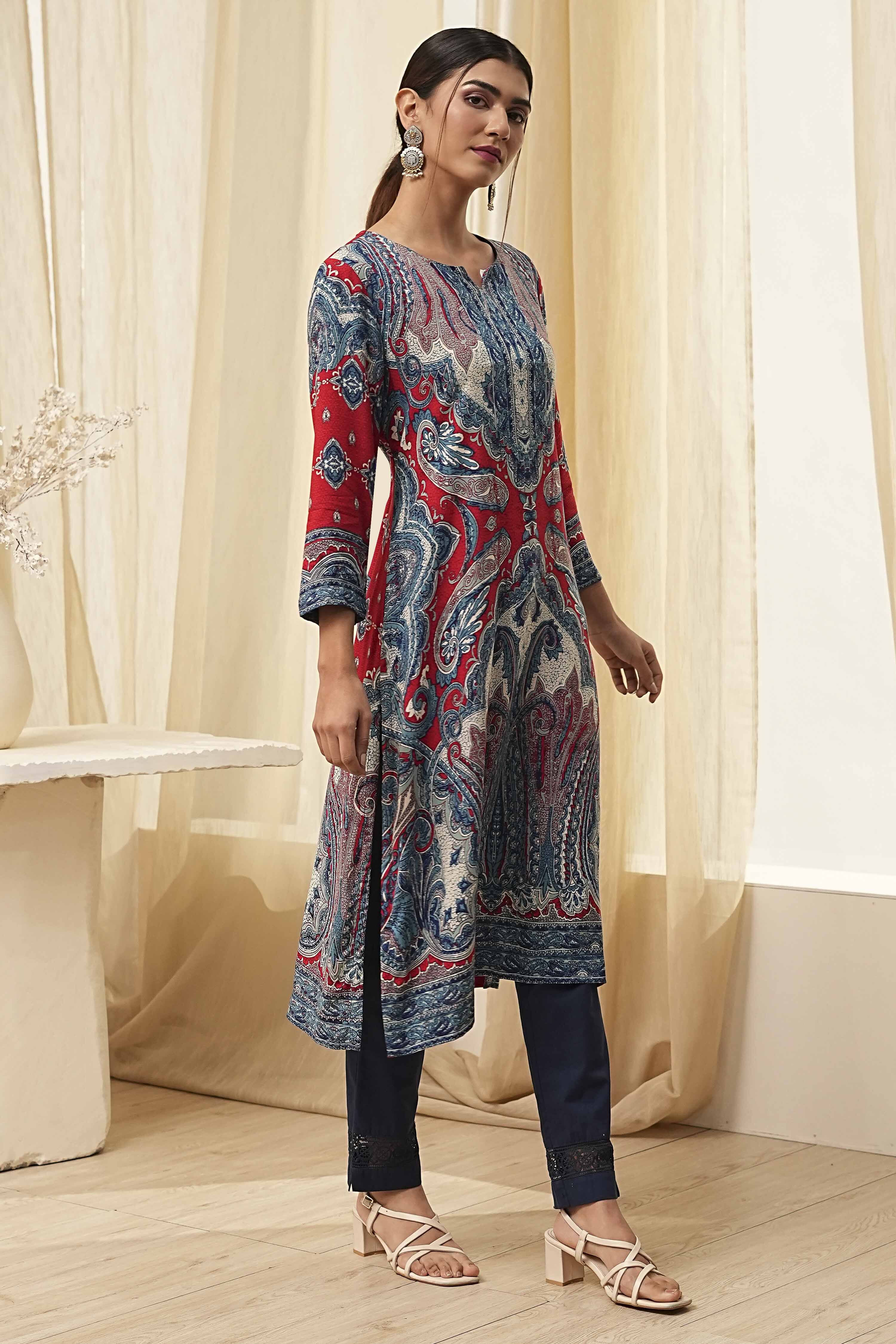 Red and Blue Printed Straight Kurta image number 4
