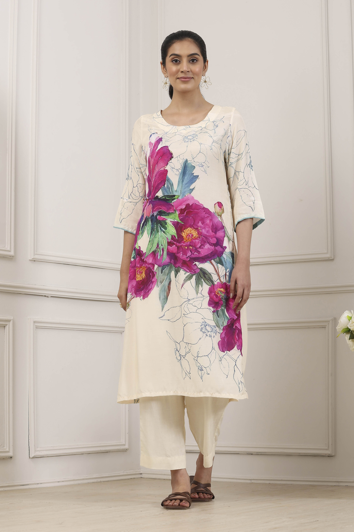 White & Pink Floral Printed Straight Suit Set