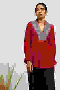 Berry Red Embroidered A-Line Kurti image number 0