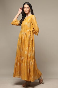 Golden Yellow Cotton Blend Tiered Printed Dress image number 3