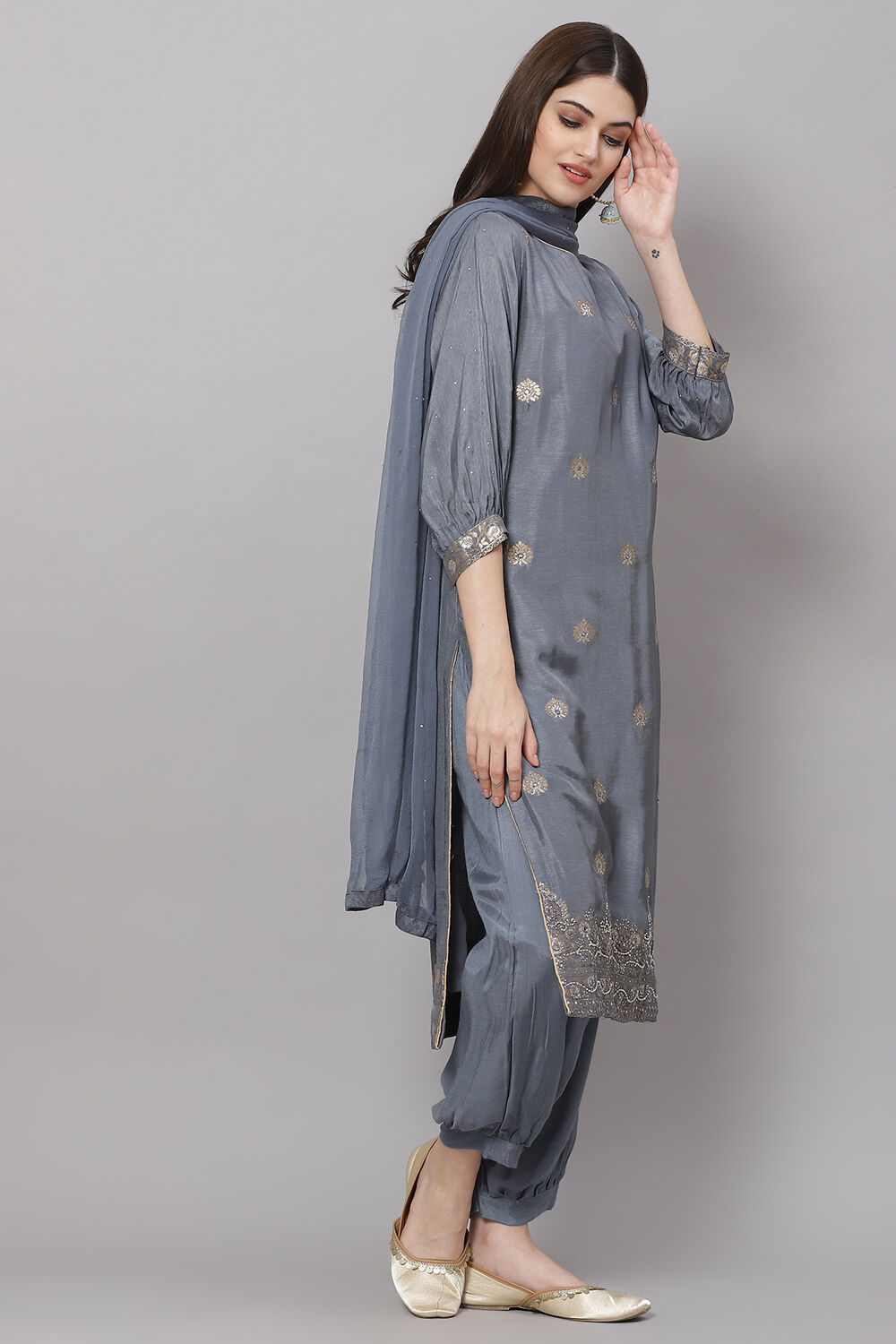 Beige Chanderi Digital Print Unstitched Suit Set image number 5