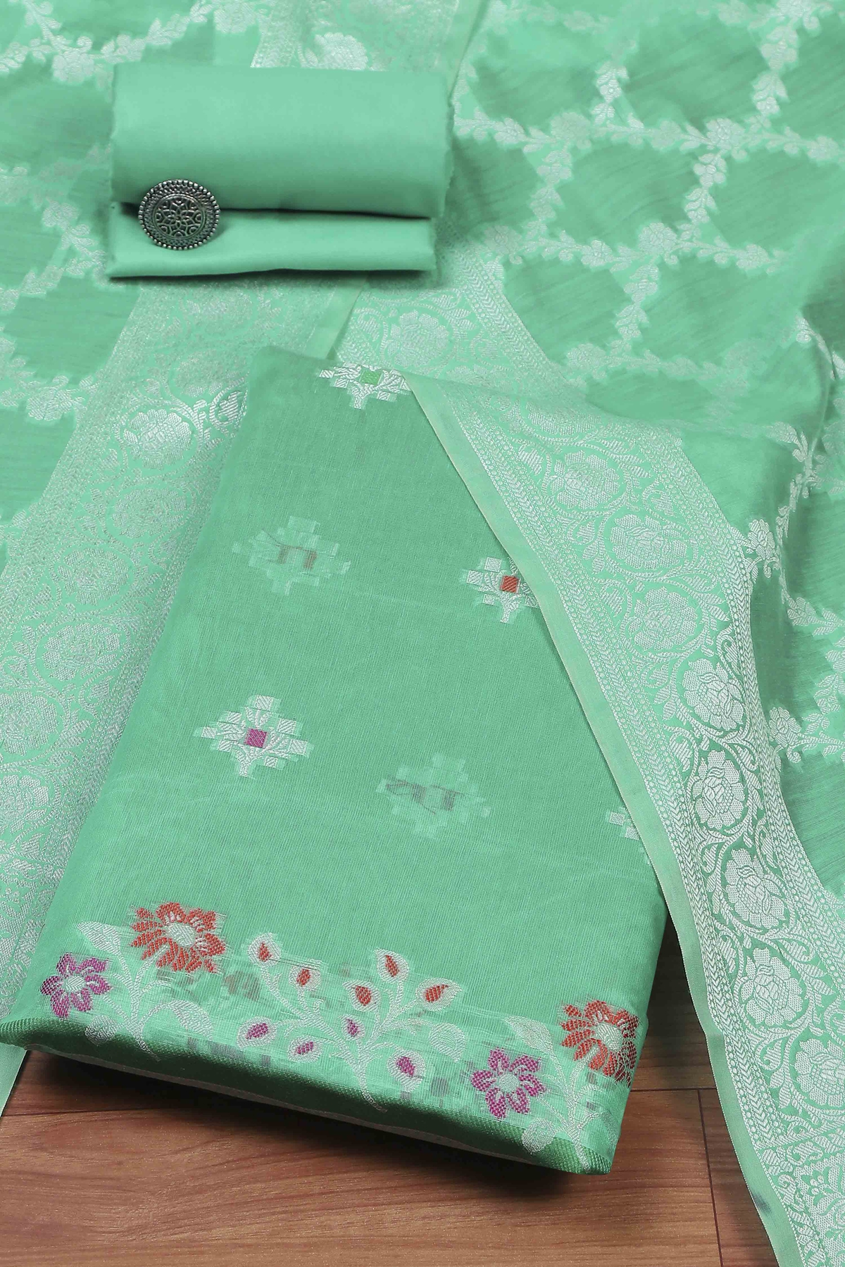 Rose Green Cotton Printed Embroidered Unstitched Suit Set