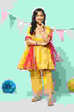 Yellow Polyester Flared Solid Kurta Palazzo Suit Set image number 0