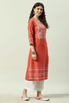 Coral Printed Rayon Straight Kurta Palazzo Suit Set image number 5