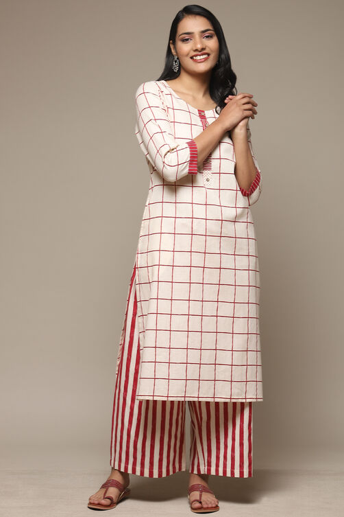 Natural & Blue Cotton Blend Straight Kurta Palazzo Suit Set image number 0