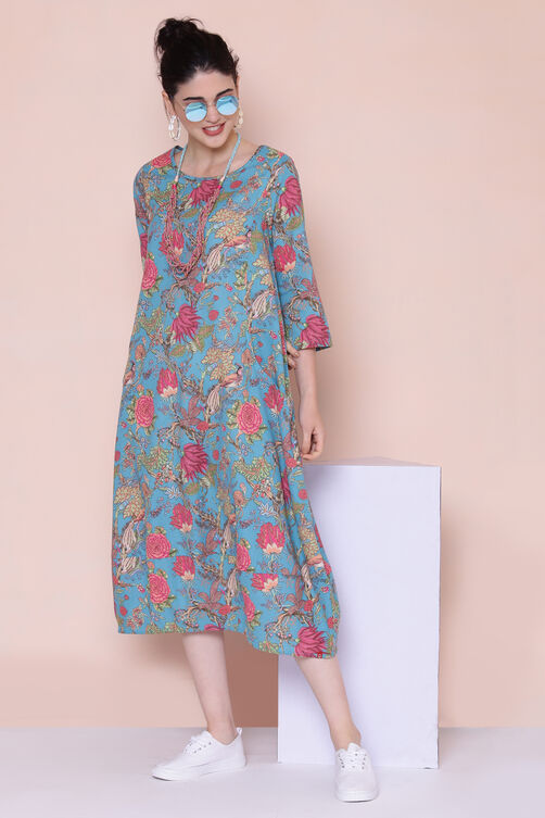 Blue Cotton Flax A-line Printed Kurta Dress image number 0