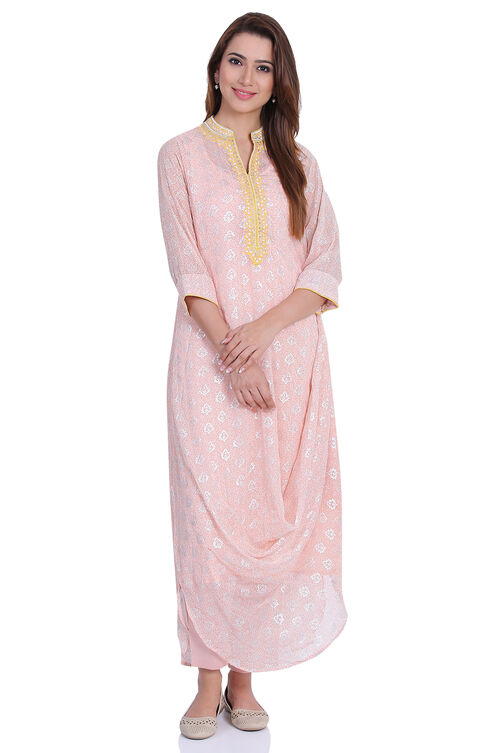 Peach Asymmetric Poly Cotton Printed Kurta image number 0