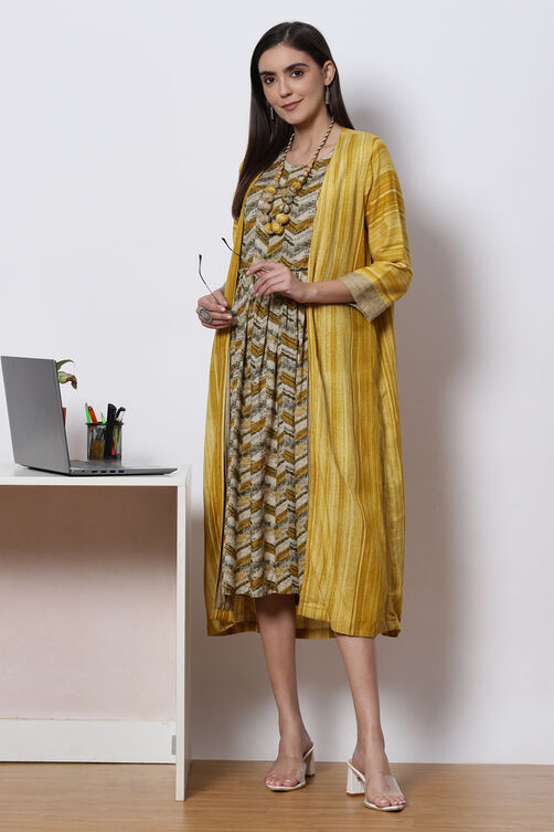 Mud Ochre LIVA A Line Printed Kurta with Jacket image number 6