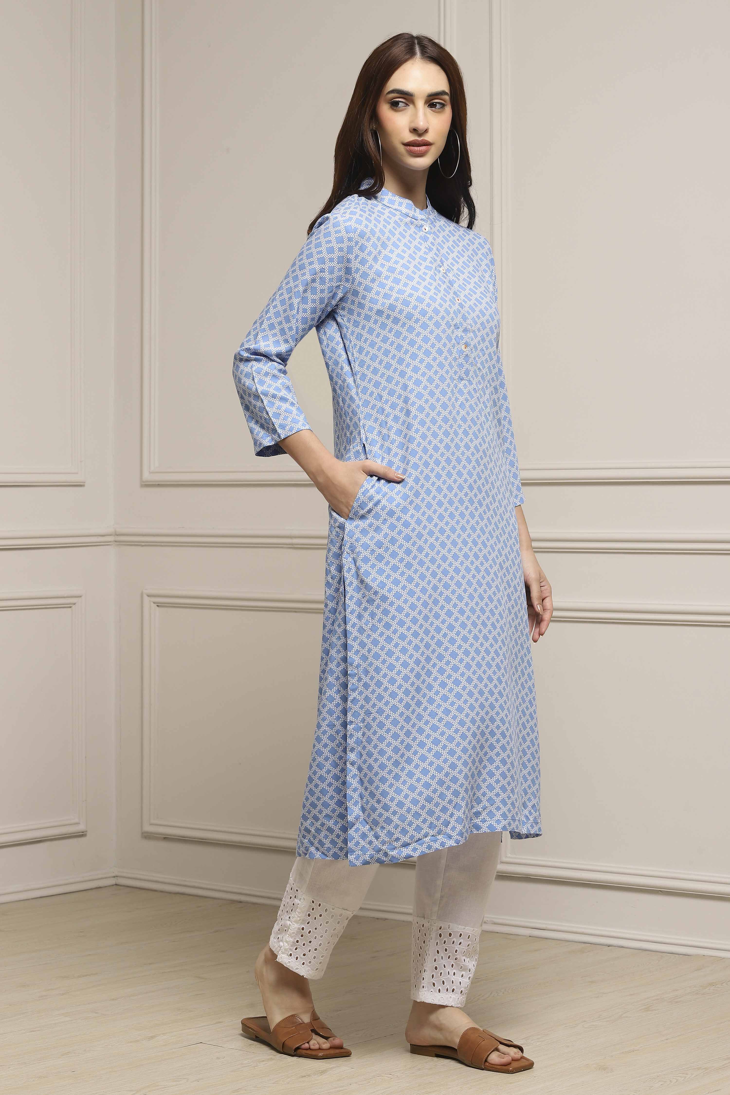 Blue Rayon A-Line Kurta image number 4