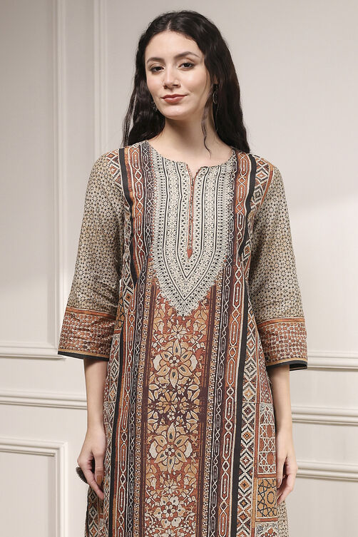 Brown Cotton Printed Straight Suit Set image number 1