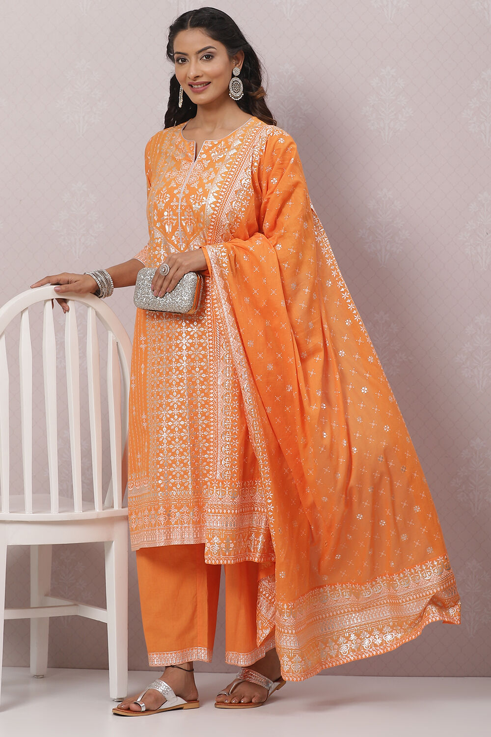 Orange Cotton Straight Kurta Palazzo Suit Set image number 7