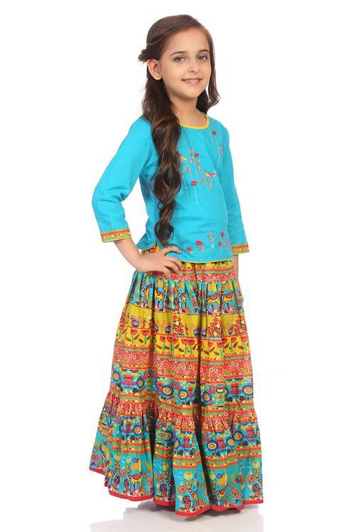 Turquoise Cotton Straight Printed Skirts and Tops image number 3