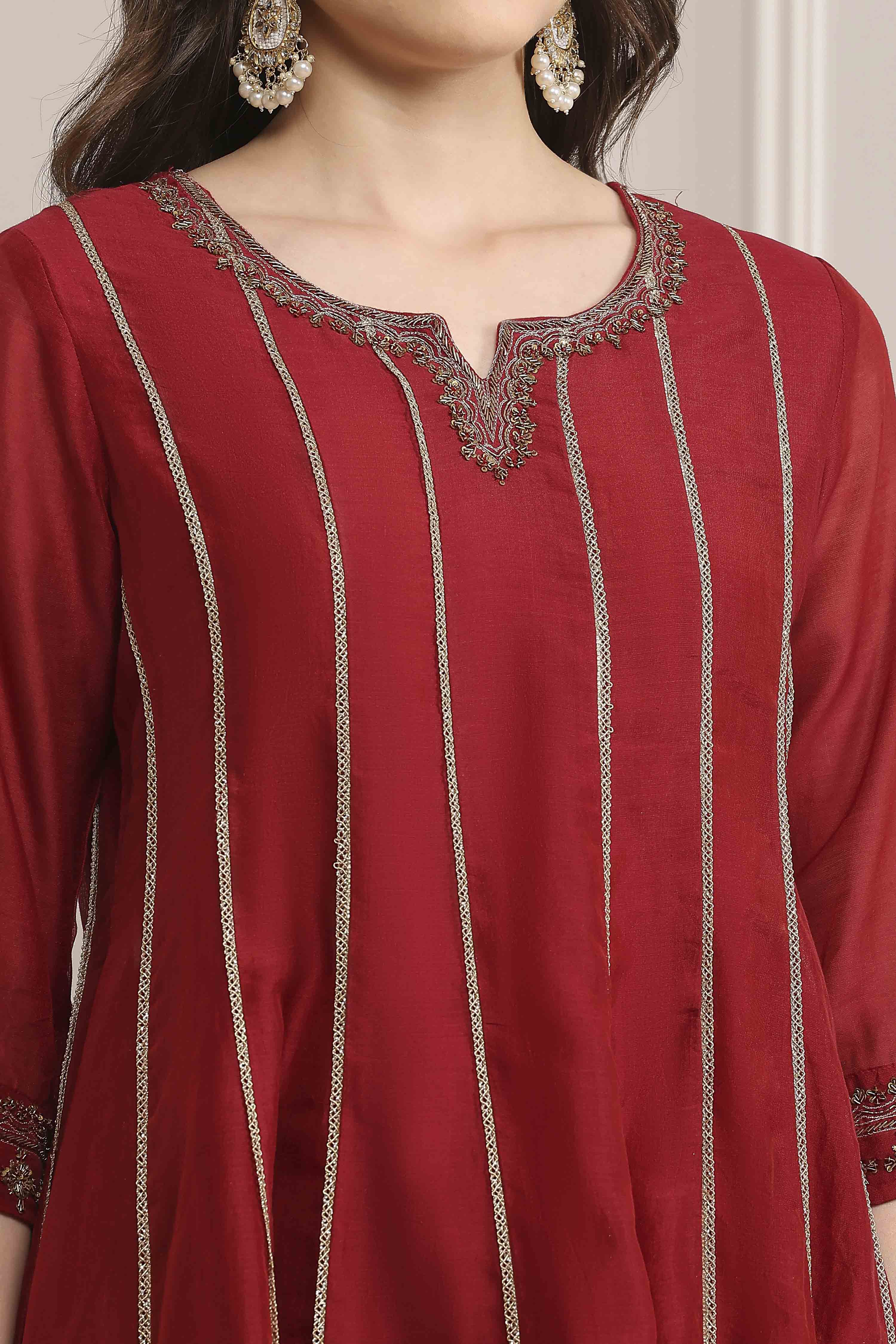 Red Chanderi Kalidar Dyed Suit Set image number 1