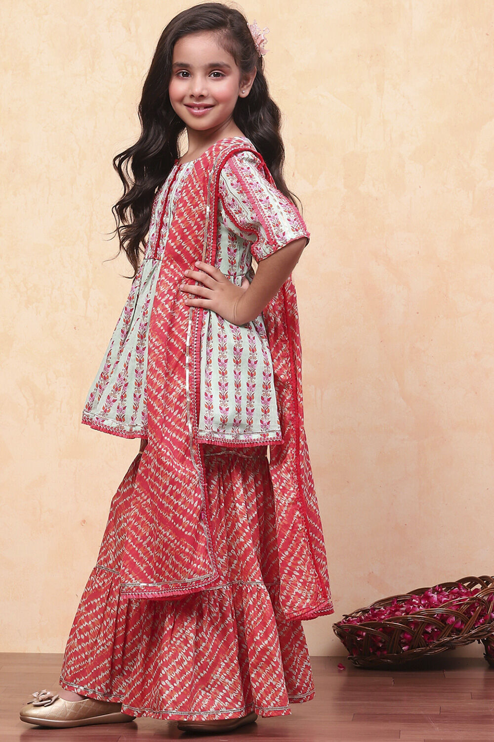 Aqua and Coral Cotton Printed Gathered Suit Set image number 3
