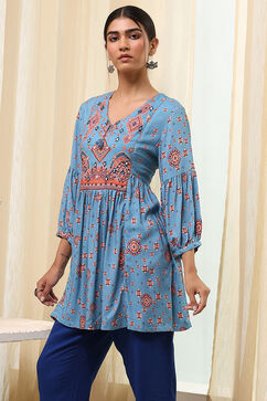 Dull Blue Viscose Rayon Straight Short Kurta image number 2