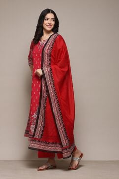 Red Cambric Kalidar Printed Kurta Palazzo Suit Set image number 4