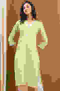 Light Lime Green Cotton Solid Regular Fit Straight Kurta image number 6