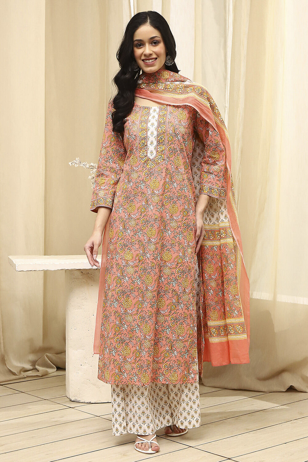 Lime Green and White Cotton Screen Print Unstitched Suit Set image number 7