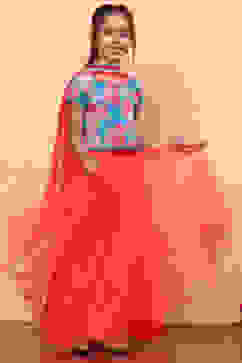 Blue and Pink Floral Festive Flared Lehenga Set image number 0