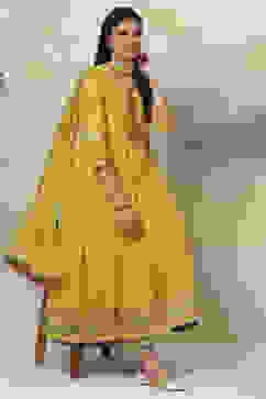 Lime Green Cotton Anarkali Kurta Palazzo Suit Set image number 5