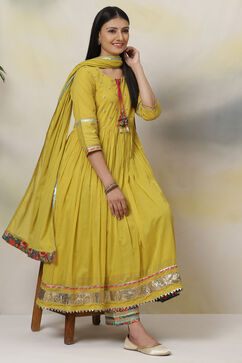 Lime Green Cotton Anarkali Kurta Palazzo Suit Set image number 5