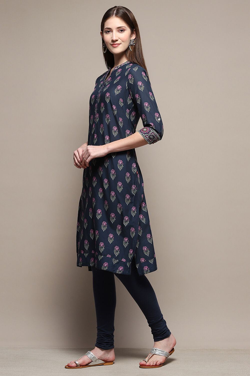 Black Cotton Straight Kurta Churidar Suit Set image number 3