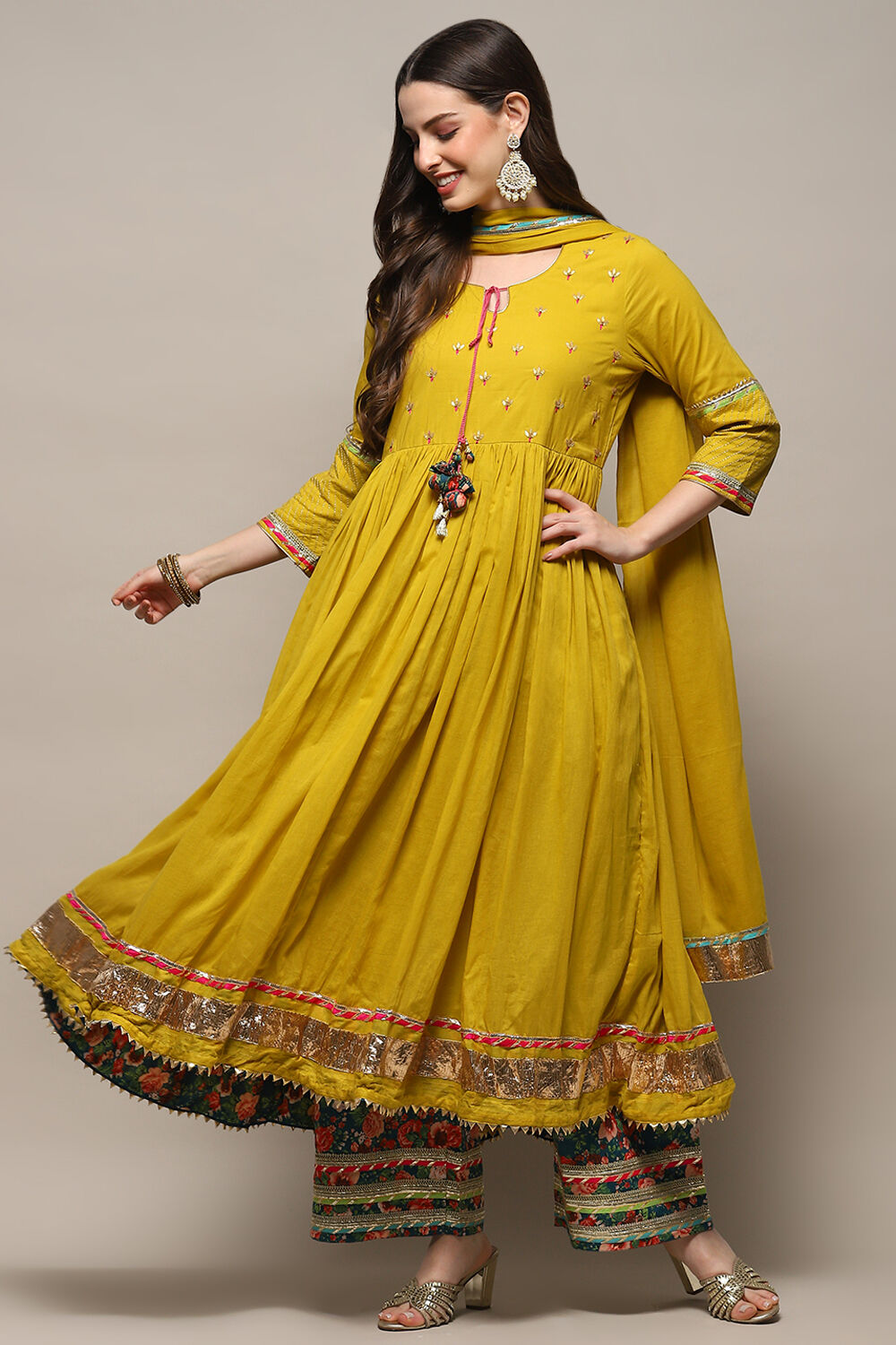 Lime Green Cambric Anarkali Kurta Palazzo Suit Set image number 0