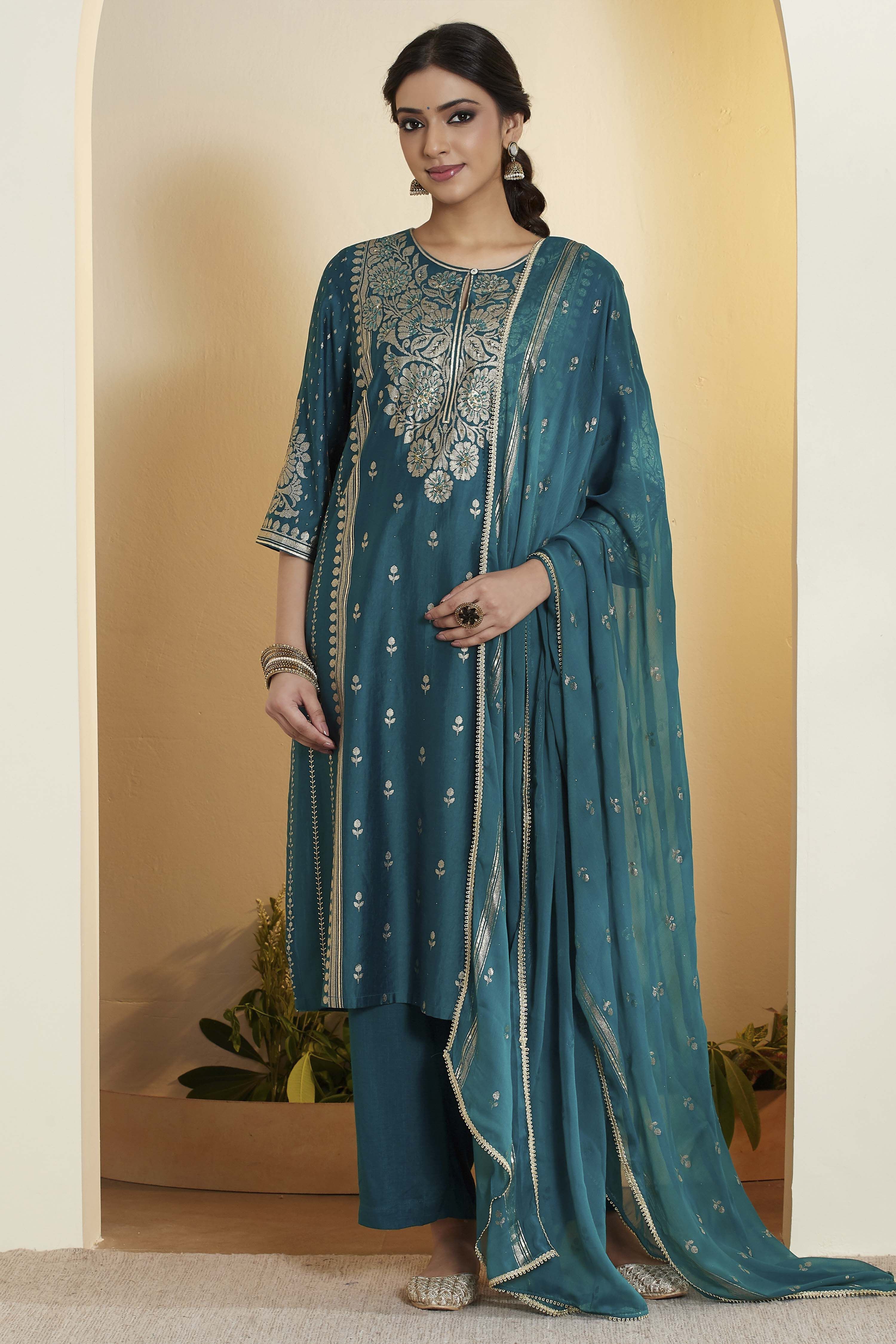 Teal Viscose Blend Embroidered Straight Kurta Set image number 0