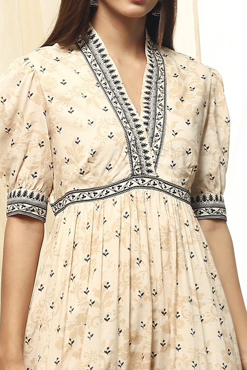 Off-White and Black Cotton Printed Tiered Dress image number 1