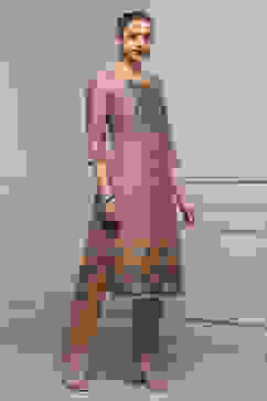 Brown Chanderi Blend Printed Embroidered Unstitched Suit Set image number 6