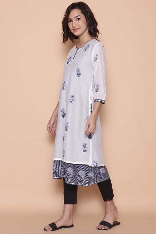 White And Blue Cotton A-Line Printed Kurta image number 3