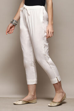 White Cotton Flax Slim Solid Pants image number 2