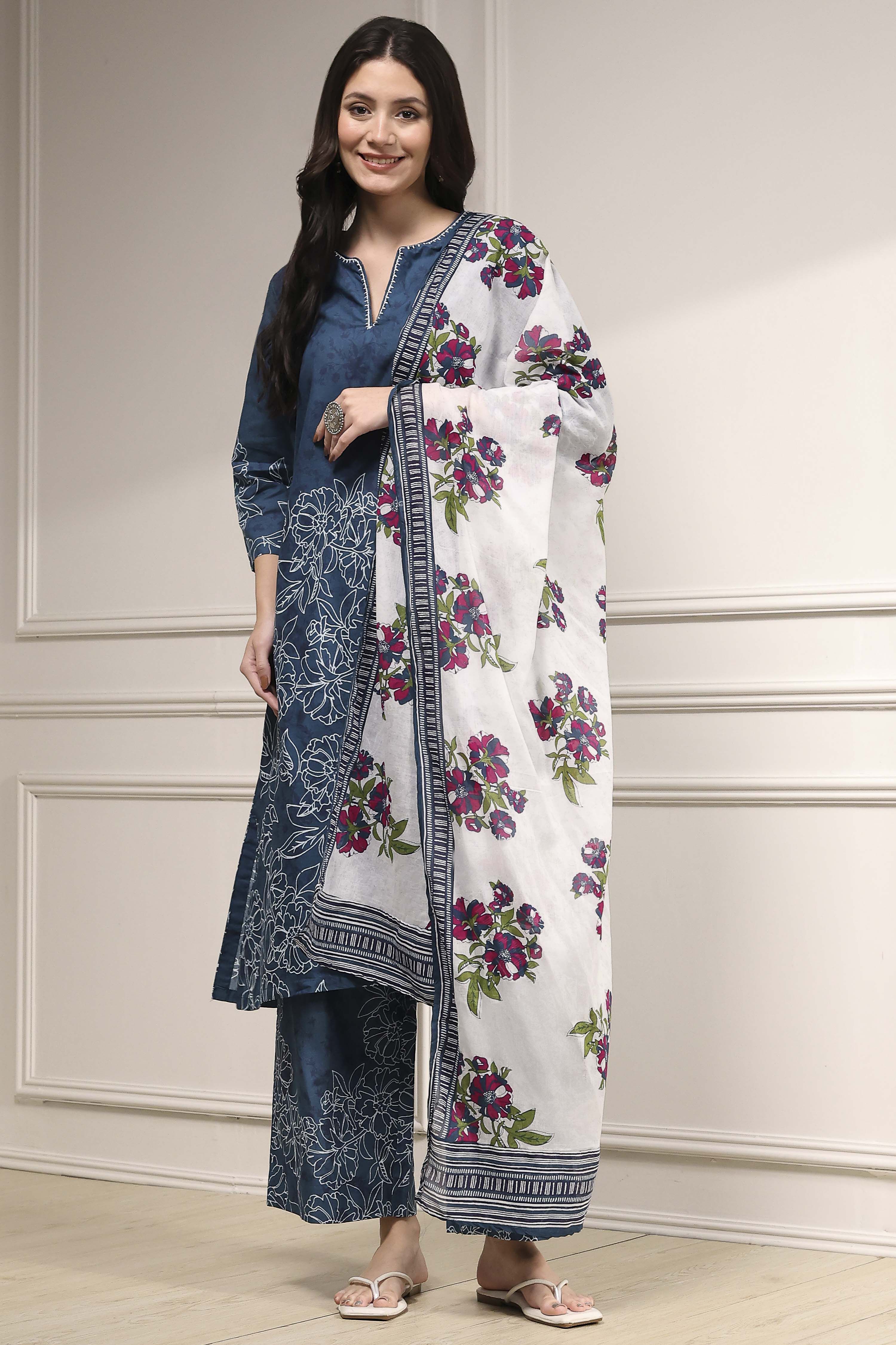 Teal Blue Cotton Printed Straight Suit Set image number 6