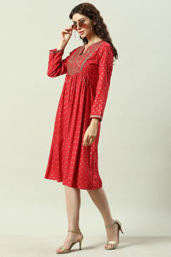 Red Rayon Flared Printed Kurta Dress image number 5