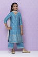 Teal Cotton Girls Straight Straight Kurta Palazzo Suit Set image number 6