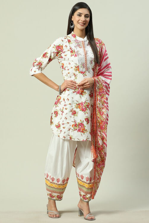 White Cotton Straight Kurta Salwar Suit Set image number 0