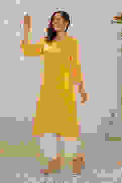 Yellow Rayon Floral Embroidered Straight Kurta image number 2