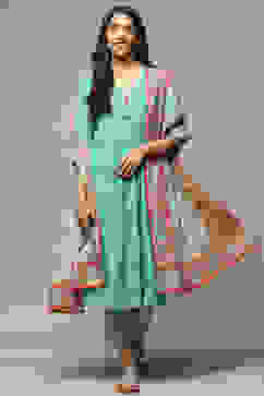 Green Cotton Kalidar Kurta Pants Suit Set image number 0