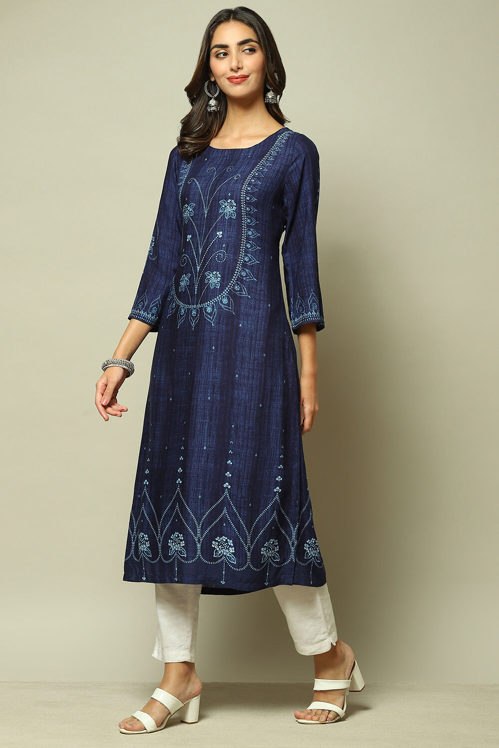 Indigo LIVA Straight Printed Kurta image number 3