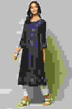 Indigo LIVA Straight Printed Kurta image number 3