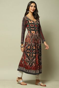 Rust Cotton Blend Flared Printed Dress image number 3