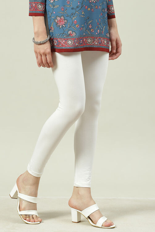 Off White Cotton Blend Solid Leggings image number 3