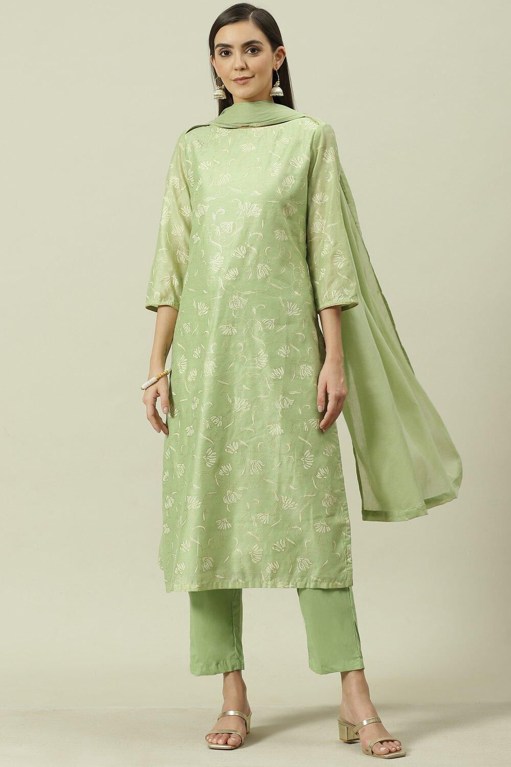 Sage Green Printed Straight Kurta Regular Pants Suit Set image number 0