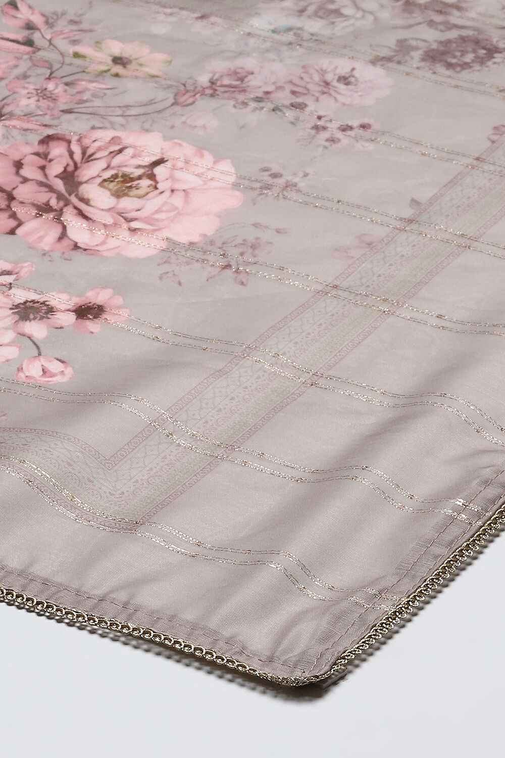 Beige Chanderi Blend Machine Embroidered Unstitched Suit Set image number 4