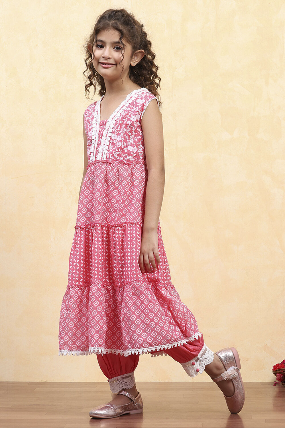 Dark Blue Cotton Tiered Printed Kurta Salwar Set image number 3