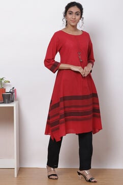 Red Cotton A Line Kurta image number 3