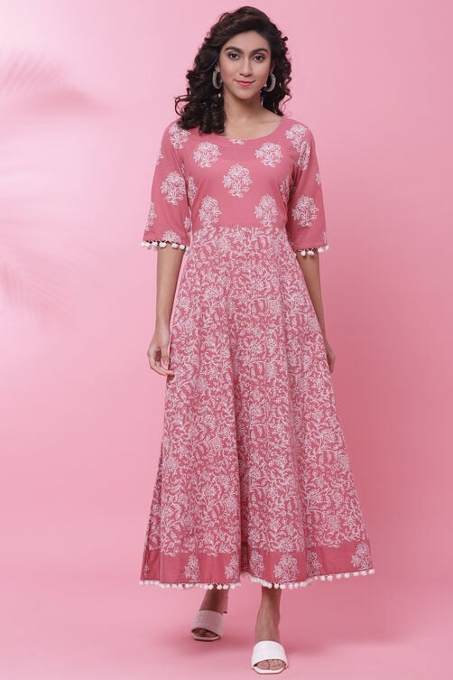 Onion Pink Cotton Printed Kurta Dress image number 0