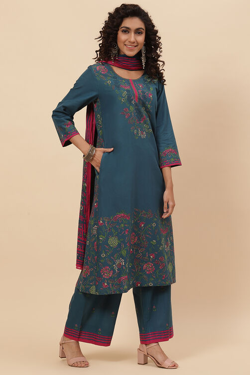 Blue Cotton Straight Kurta Palazzo Suit Set image number 6