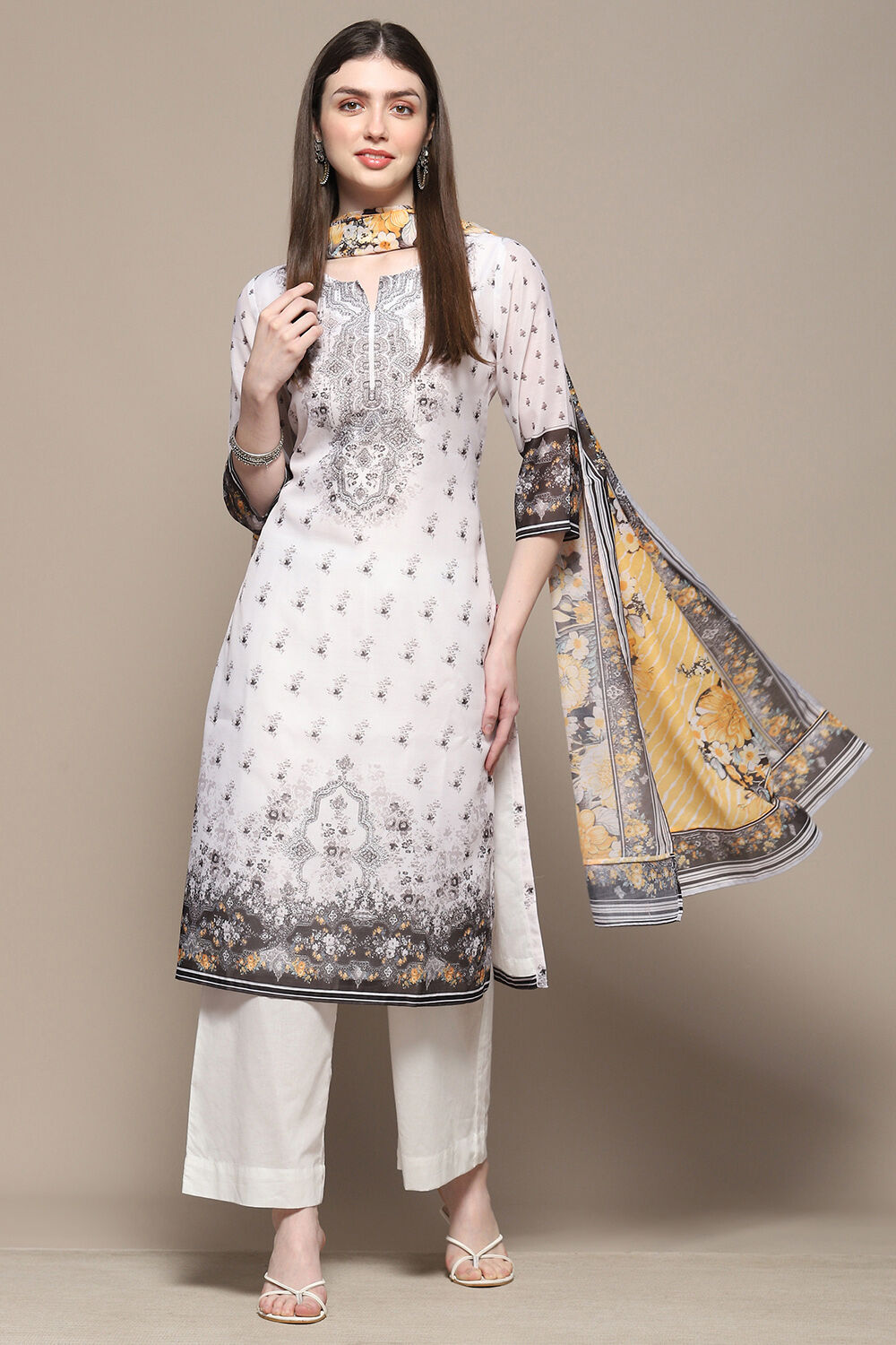 Off White Polyester Straight Suit Set at Biba India
