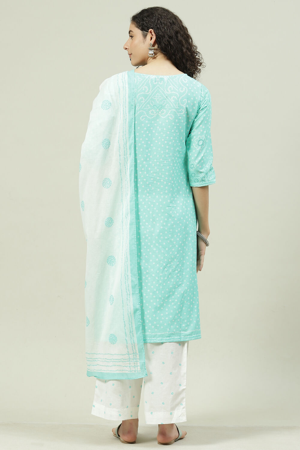 Aqua Blue and White Cotton Straight Suit Set image number 4